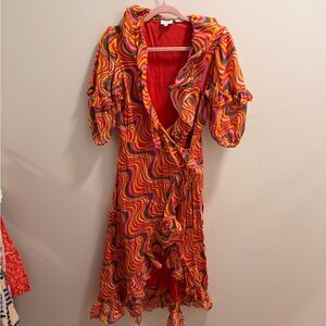 RHODE Asymmetrical Dress in Red and Orange Swirl